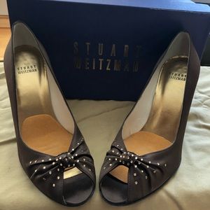 Vintage 1980's Stuart Weitzman Satin Rhinestone Peep Toe Kitten Heel Pumps